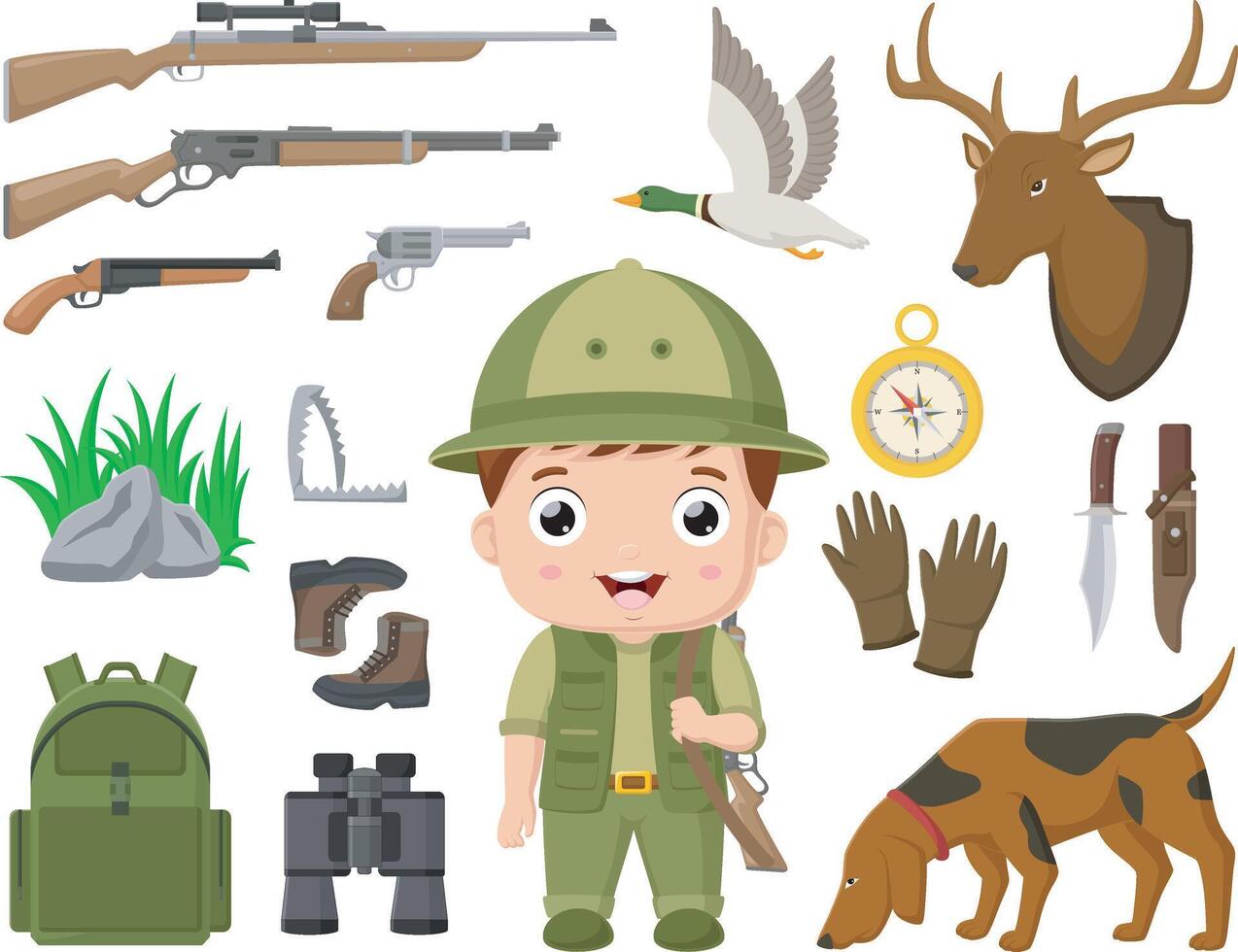Cute little boy with hunters equipment vector