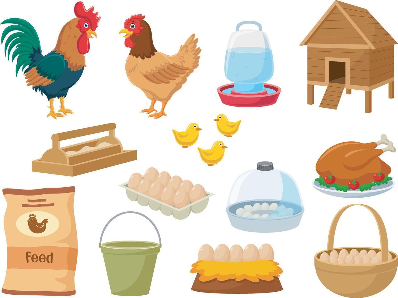 Set of poultry farm elements vector