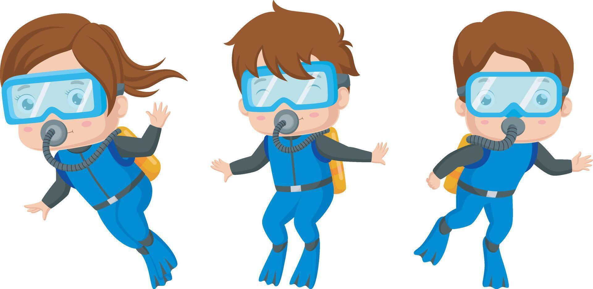 Cute scuba diver girl and boy vector