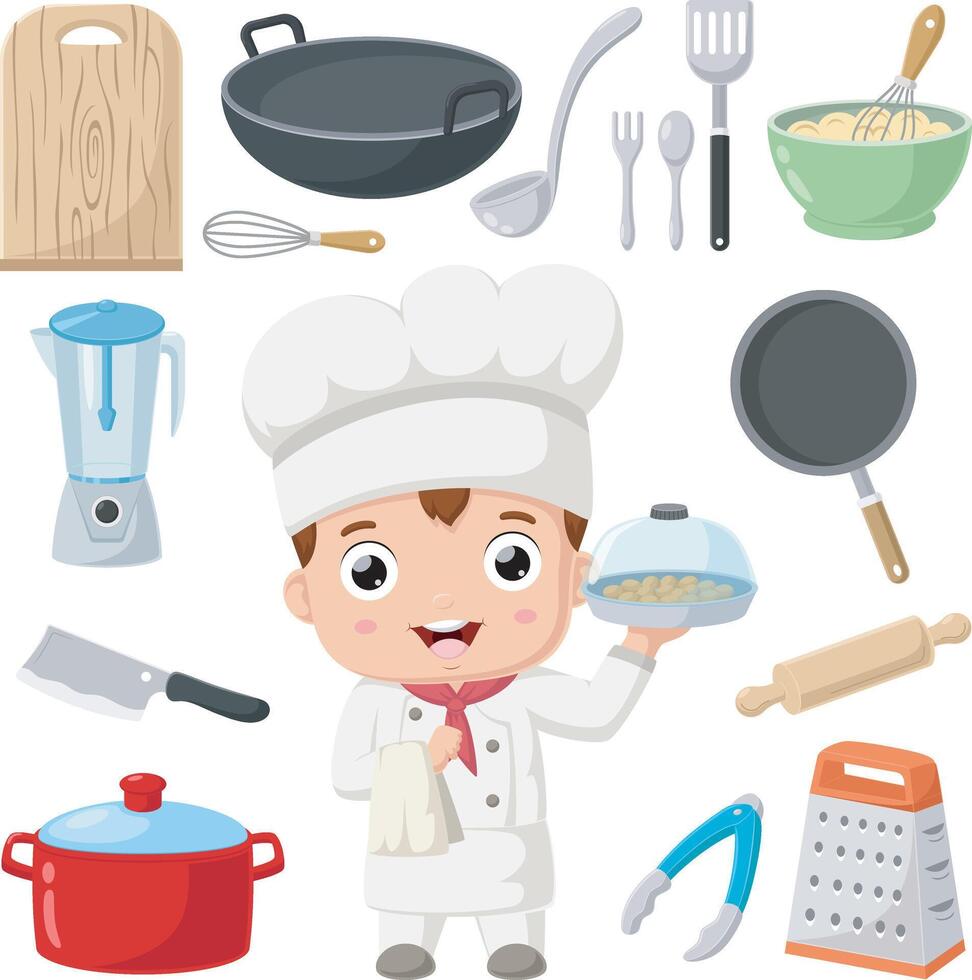 Cute chef boy with equipment elements vector