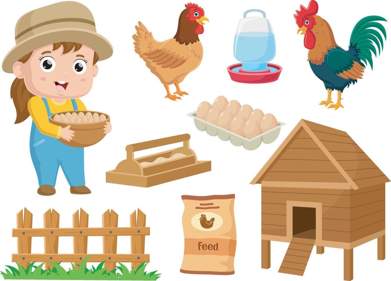 Set of poultry farm elements cartoon vector