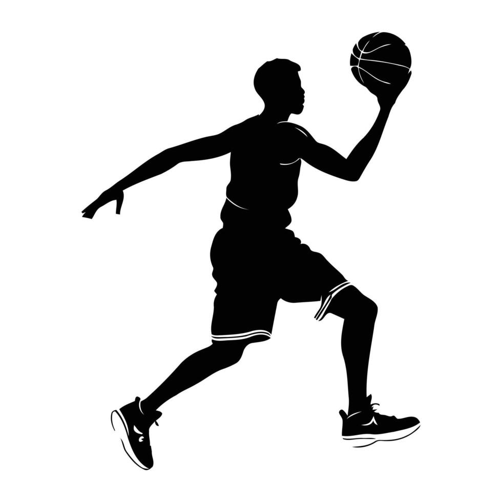 A black silhouette of a basketball player midjump shot vector