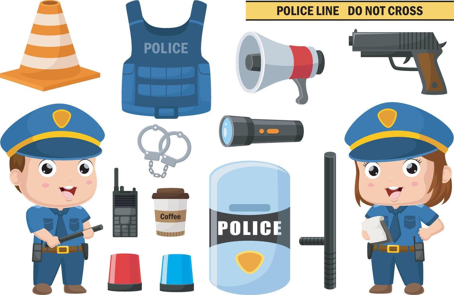 Cute police officer with elements equipment collection vector