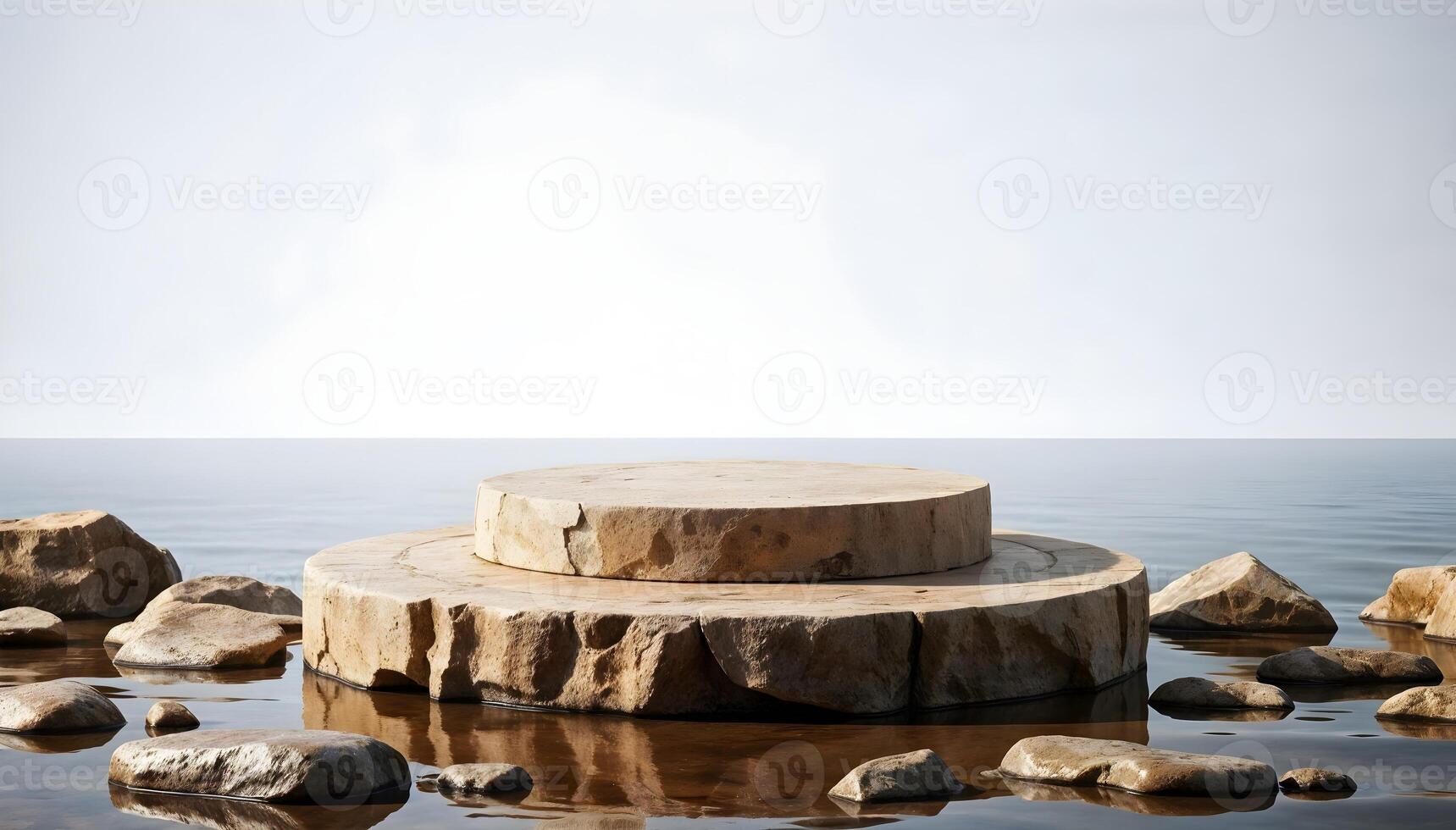 Circular stone podium in calm water at dusk product showcase concept photo
