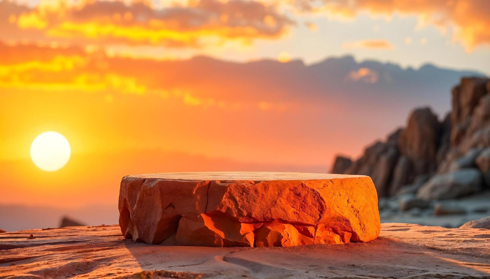 Flat Round Stone at Sunset for Product Showcase with Mountain Silhouette photo