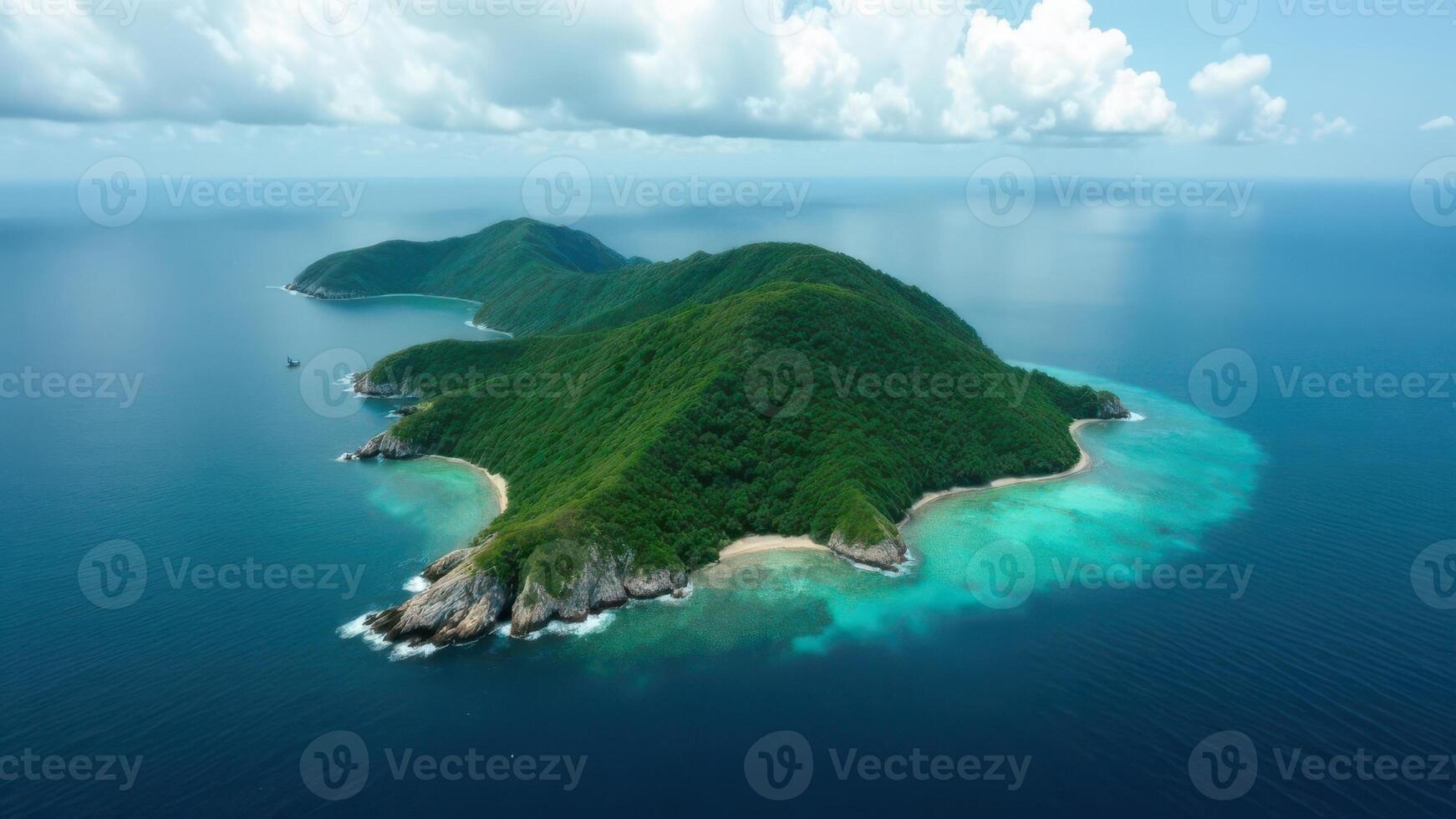Tropical Island Paradise with Pristine White Sand Beach and Lush Greenery by Ocean photo