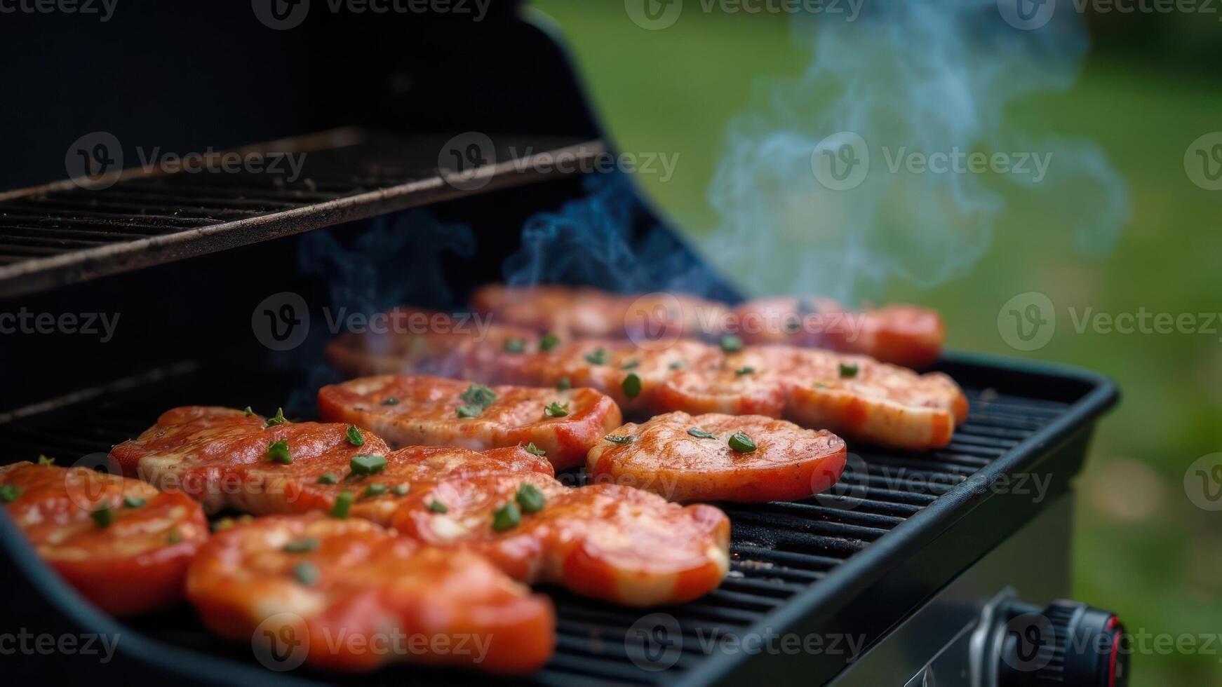 Delicious juicy pork chops sizzling on a hot grill grate with smoke rising from the grill. photo