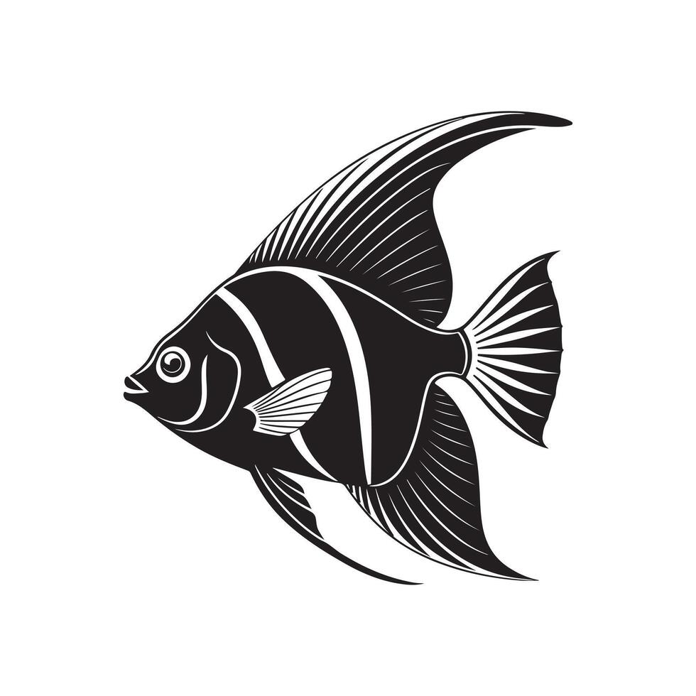 Black and white illustration, goldfish silhouette, stylized fish design, detailed fins, simple vector