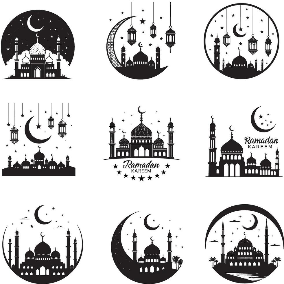 Hanging Lanterns and Crescent Moon Silhouette vector