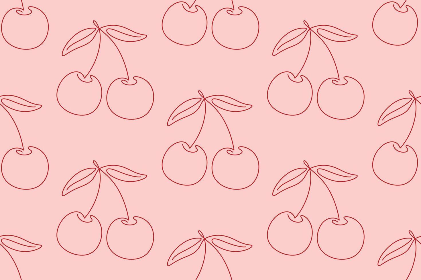 Cherries continuous one line seamless pattern background. Cherry contour line minimalist graphic over light pink backdrop vector