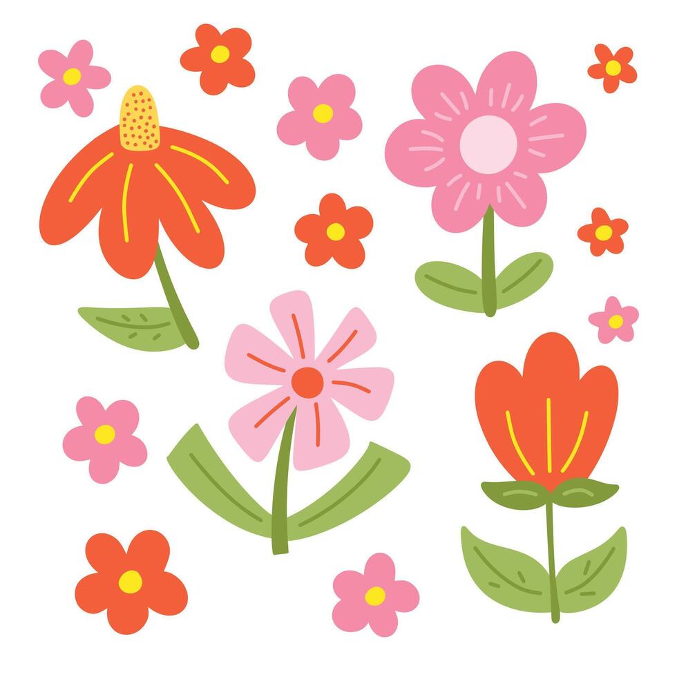 Simple hand drawn flat spring flowers set. Red and pink cute flower digital drawing vector