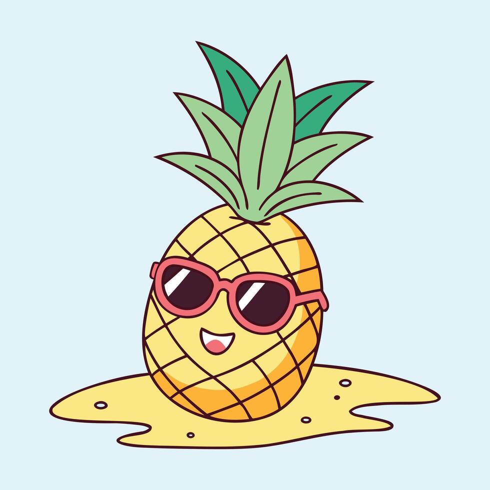 Smiling pineapple Cartoon character with sunglasses with sunglasses on a tropical beach Illustration for t-shirt Graphic vector