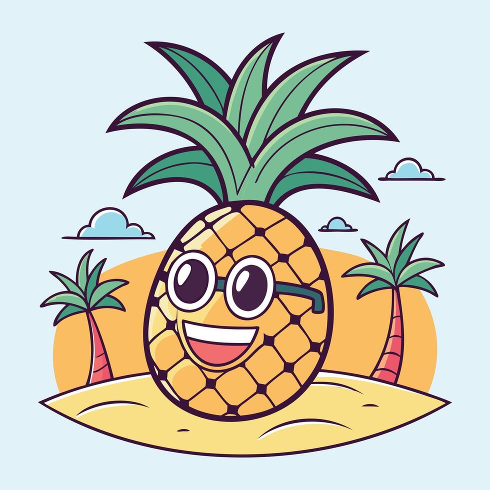 Smiling pineapple Cartoon character with sunglasses on a tropical beach Illustration for t-shirt Graphic vector