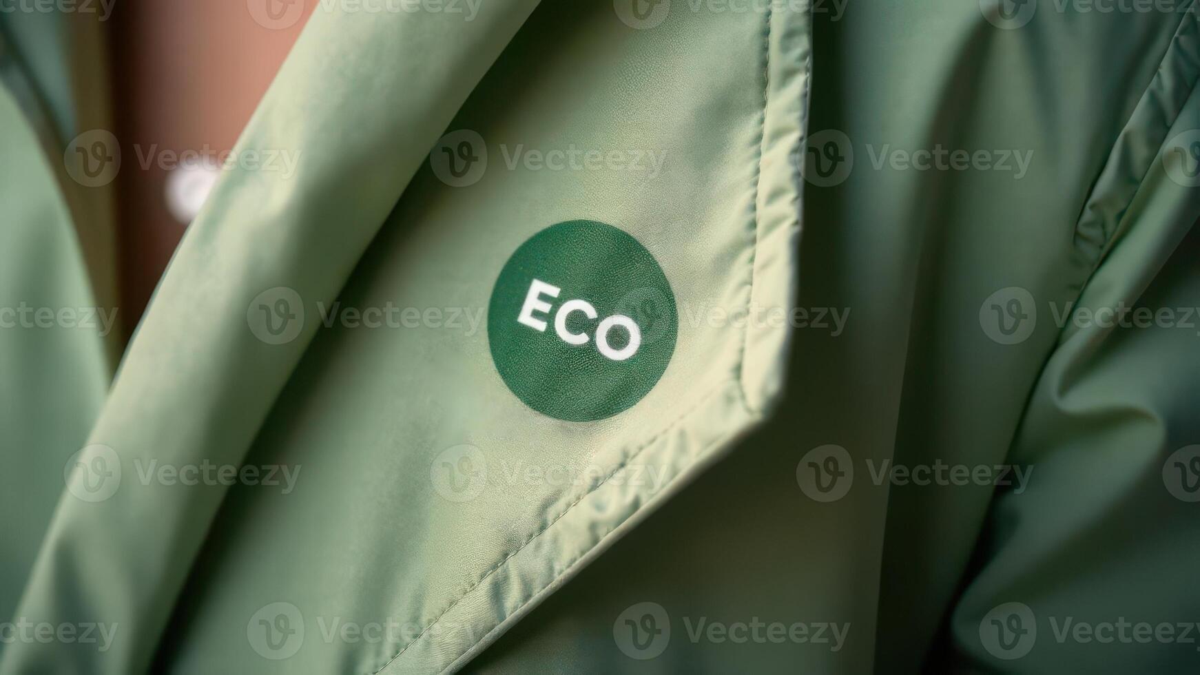 Green circle sticker with white text reading ECO. Pinned to lapel of tan trench coat. photo
