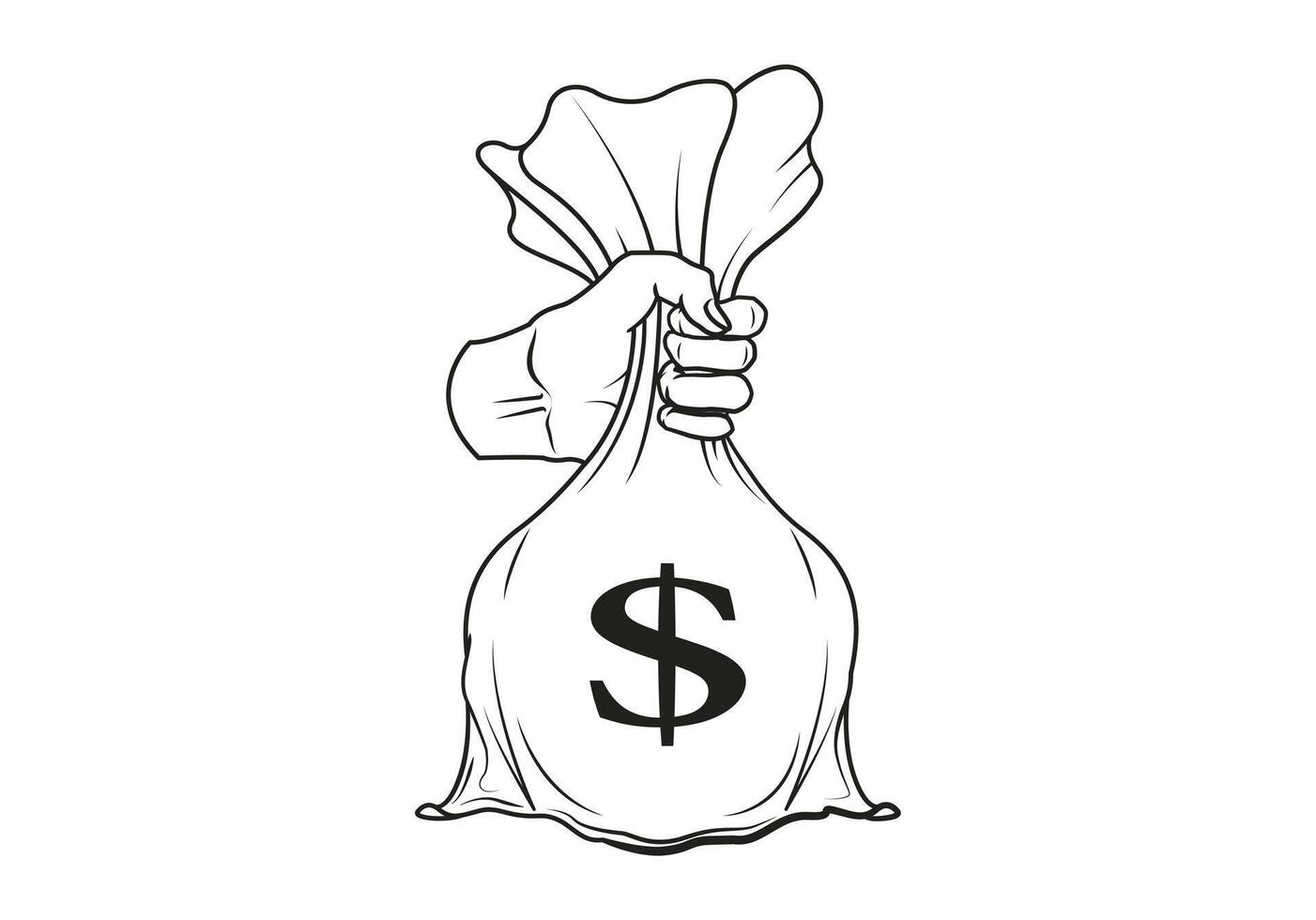 Line art illustration of a hand holding a money bag with dollar symbol. Suitable for describing work wages, salary payments and finances. vector