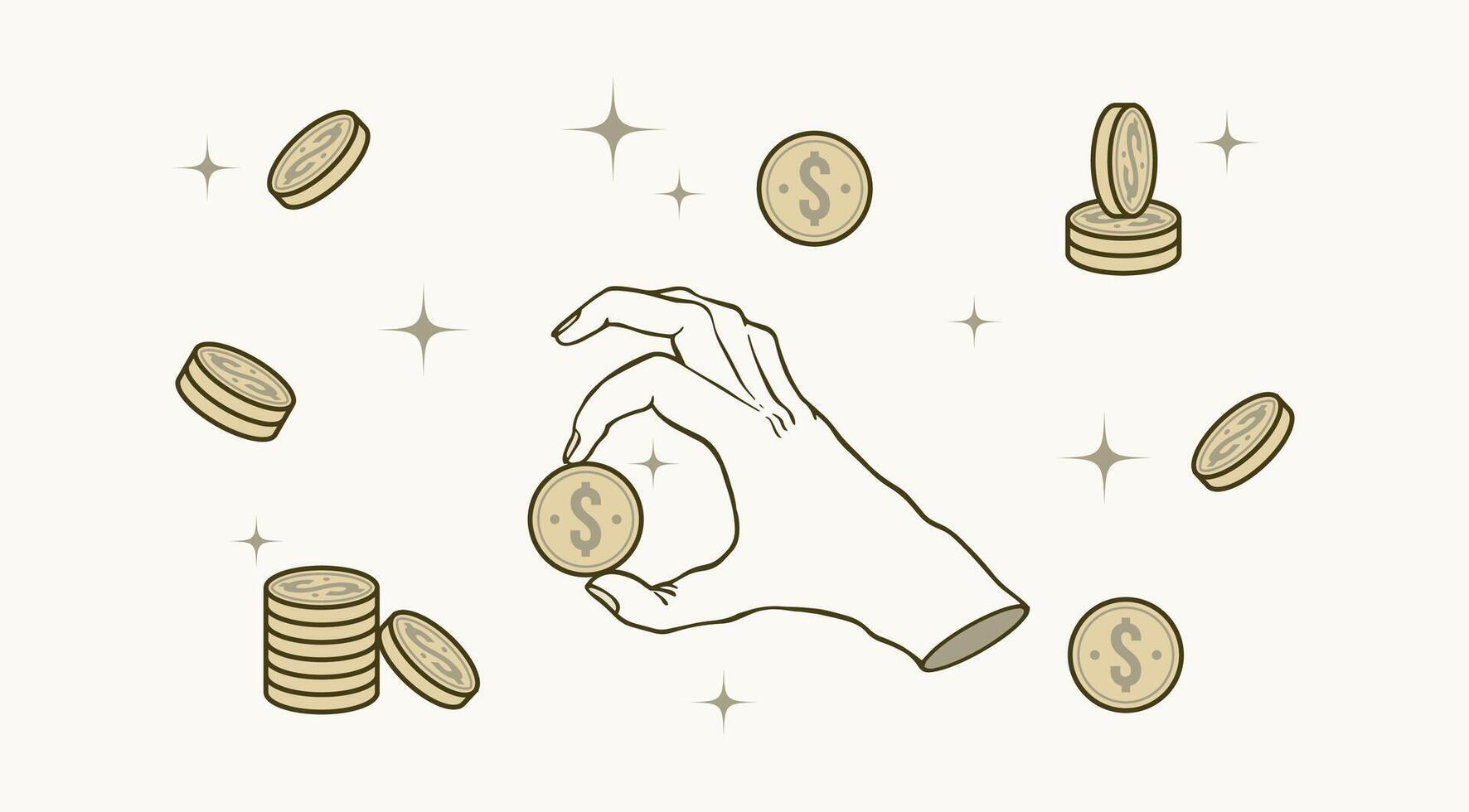 illustration of a hand gesture catching or holding coin. It can be used to describe saving money management, payment, financial planning, saving, business. vector