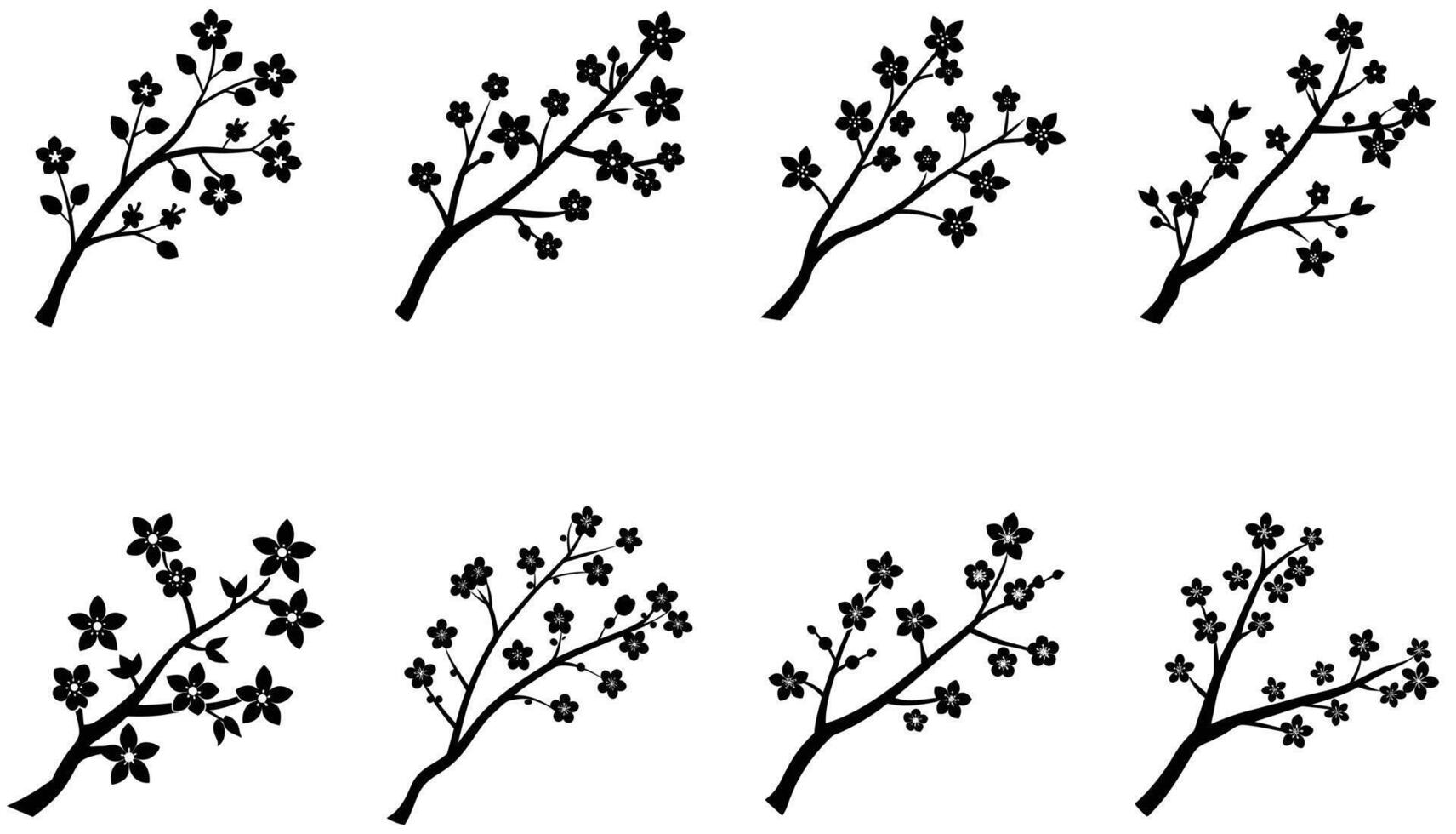 Set of Cherry Blossom Branches silhouettes isolated on white background vector
