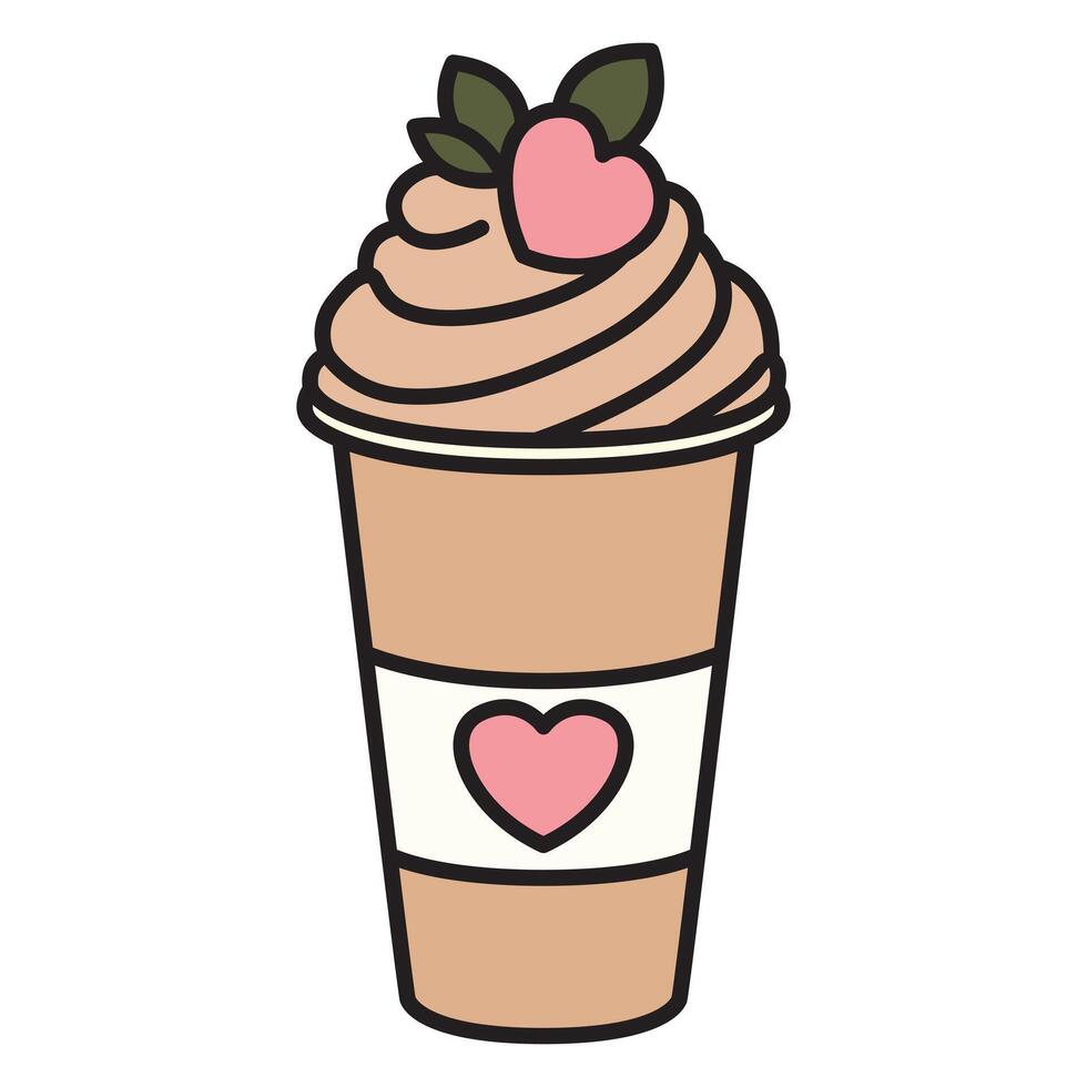 A drawing of a coffee in a plastic cup topped with cream and a strawberry. vector