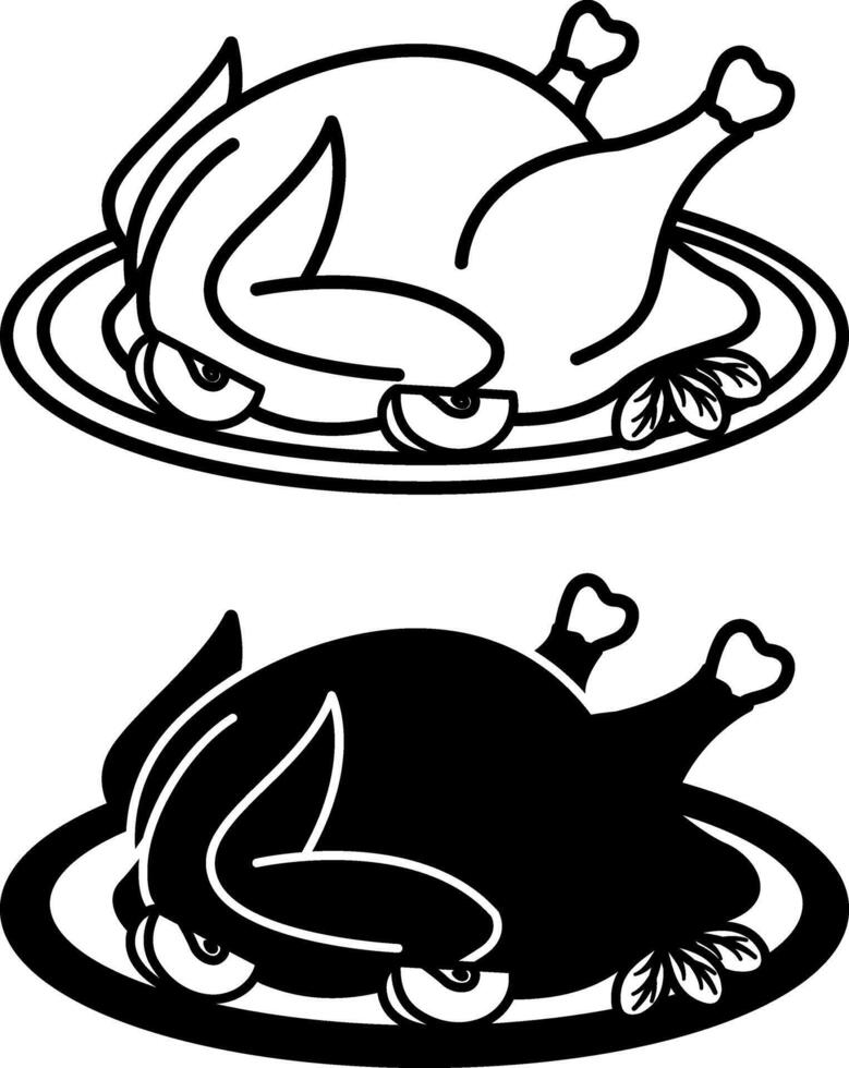 Chicken Icons. Black and White Drawings. Fried Chicken with Apples on Plate. Food, Ready Dish. Meal Concept vector