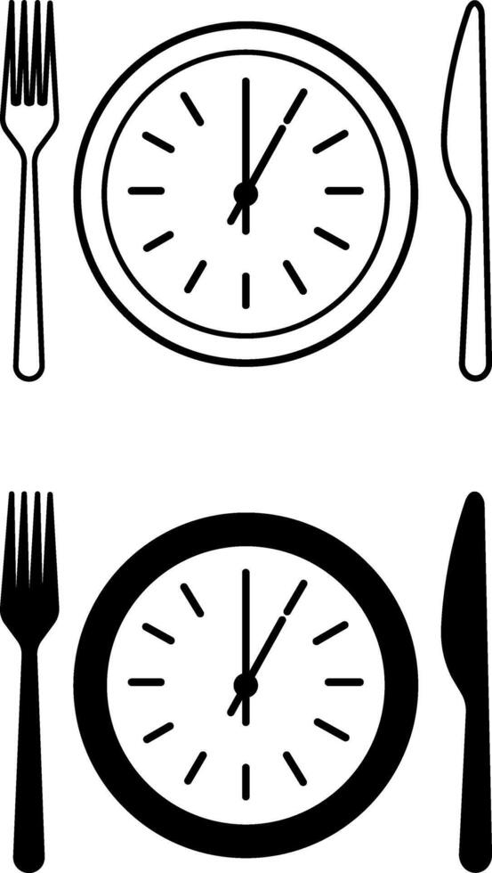 Lunch Icons. Black and White Drawings. Clock, Fork, and Knife. Lunch Time. Meal Concept vector