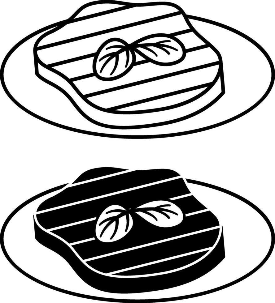 Steak Icons. Black and White Drawings. Thick Piece Of Fried Meat On Plate. Beefsteak, Ready Dish. Meal Concept vector