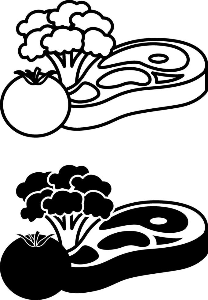 Food Icons. Black and White Drawings. Piece of Meat, Tomato, and Broccoli. Healthy and Organic Food. Vegetables. Meal Concept vector