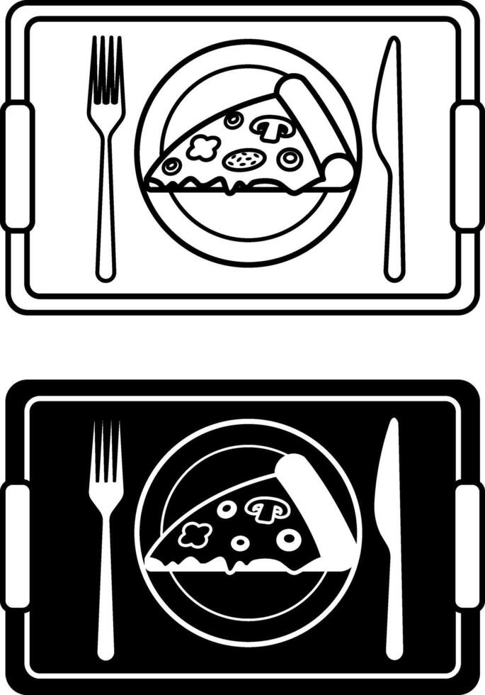 Cafeteria Icons. Black and White Drawings. Tray with Food and Cutlery. Pizza, Fork, Knife, and Plate. Restaurant Concept vector