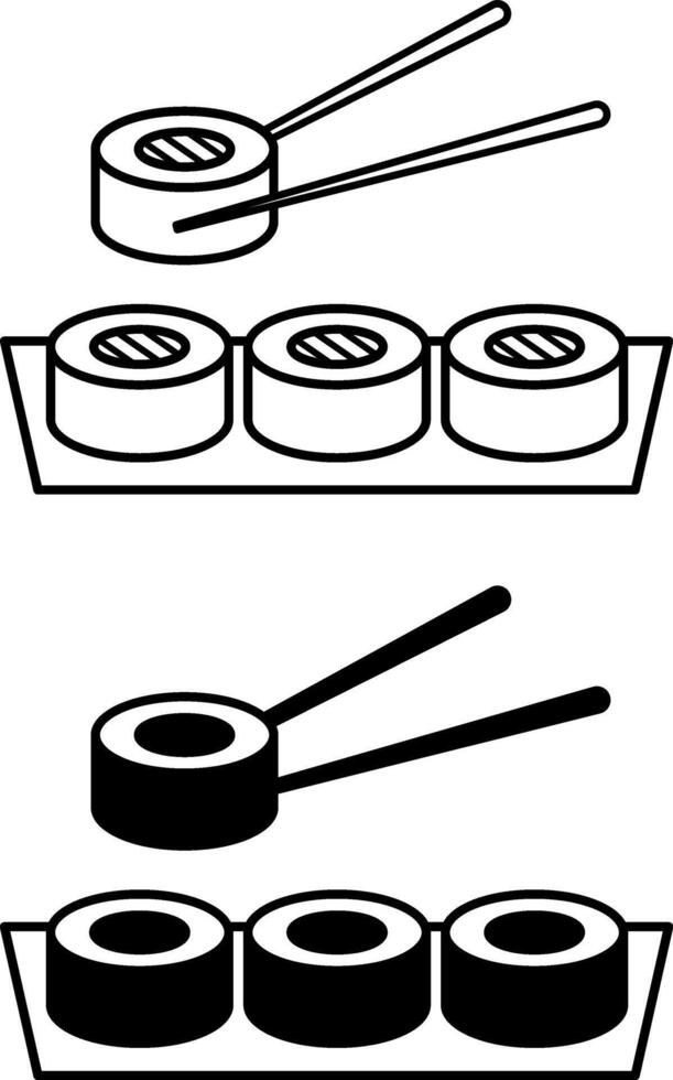 Sushi Icons. Black and White Drawings. Rice Dish With Various Seafood. Chopsticks. Healthy Eating. Meal Concept vector