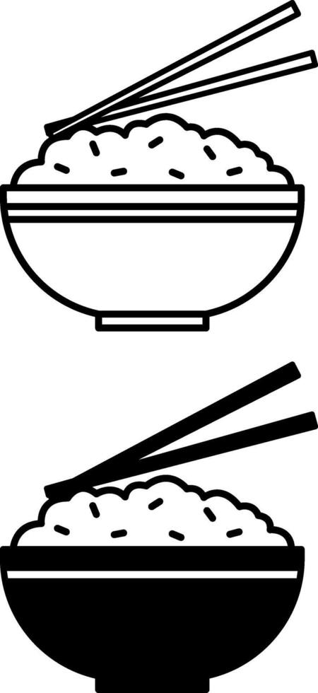 Rice Icons. Black and White Drawings. Dish, Food. Cooked Rice on a Plate. Chopsticks. Meal Concept vector