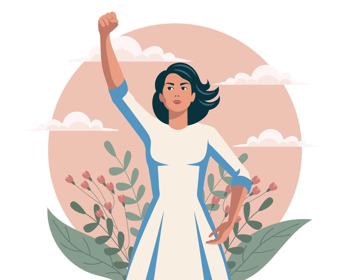 Empowered woman with flowers and raised hand in protest. Feminism concept. vector
