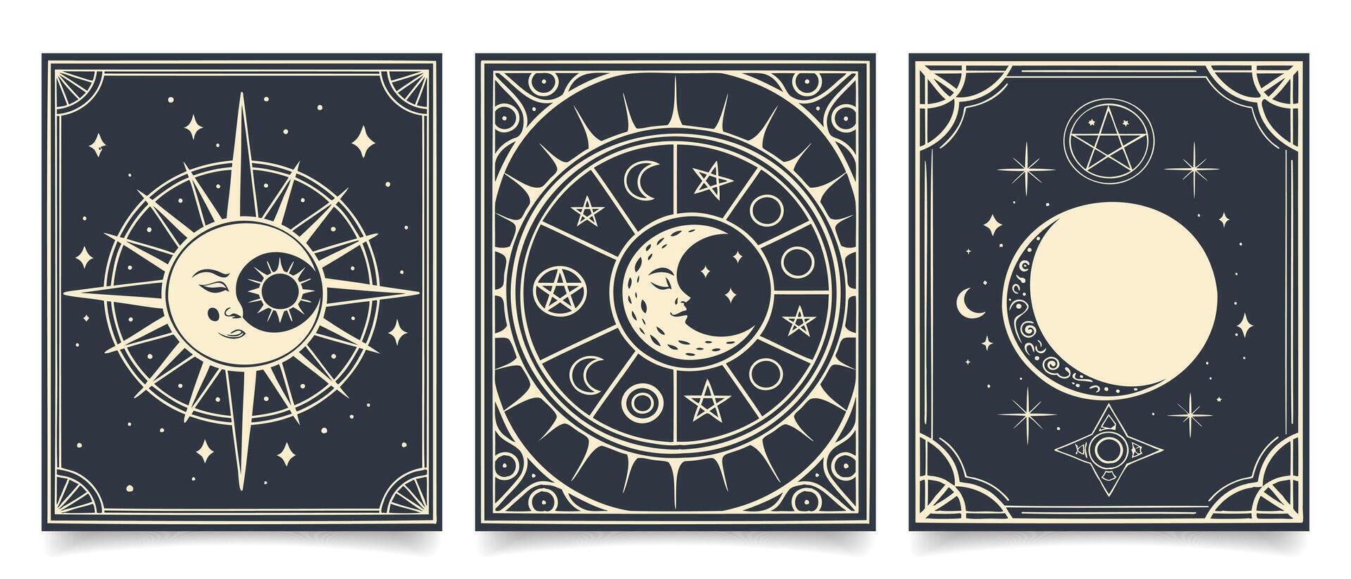 Set of cards with mystical celestial sun, moon and stars. Art prints, posters. Illustration vector