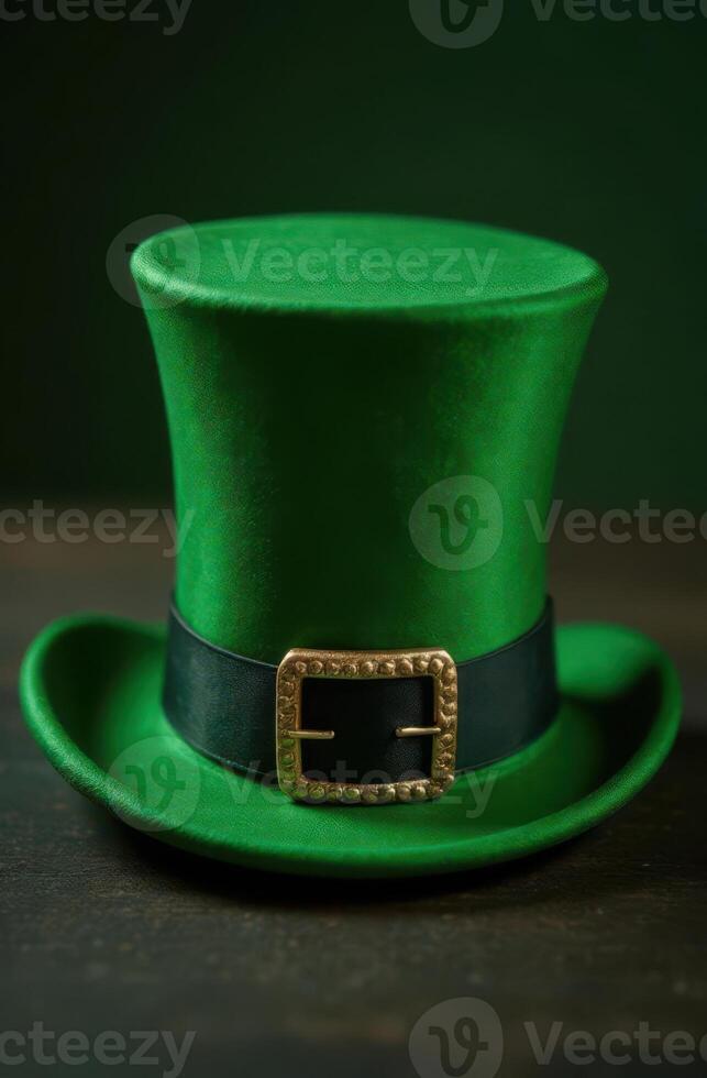Green leprechaun hat sitting on dark wooden surface for saint patrick's day photo