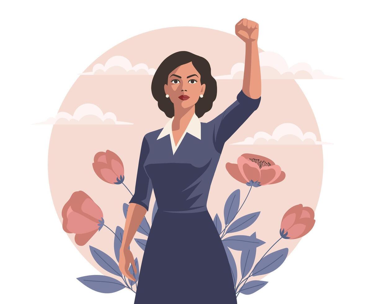 Empowered woman with flowers and raised hand in protest. Feminism and equality concept. vector