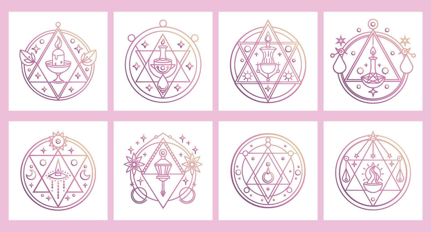 Set of mystical sacred geometric symbols. Linear alchemy, occultism, philosophical signs. Illustration in boho style. vector