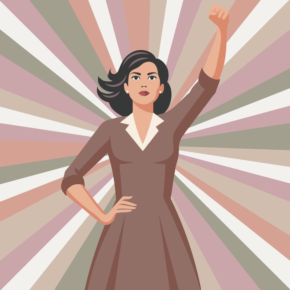 Empowered woman with raised fist on pastel sunburst background. Feminism and equality concept. Flat retro illustration vector