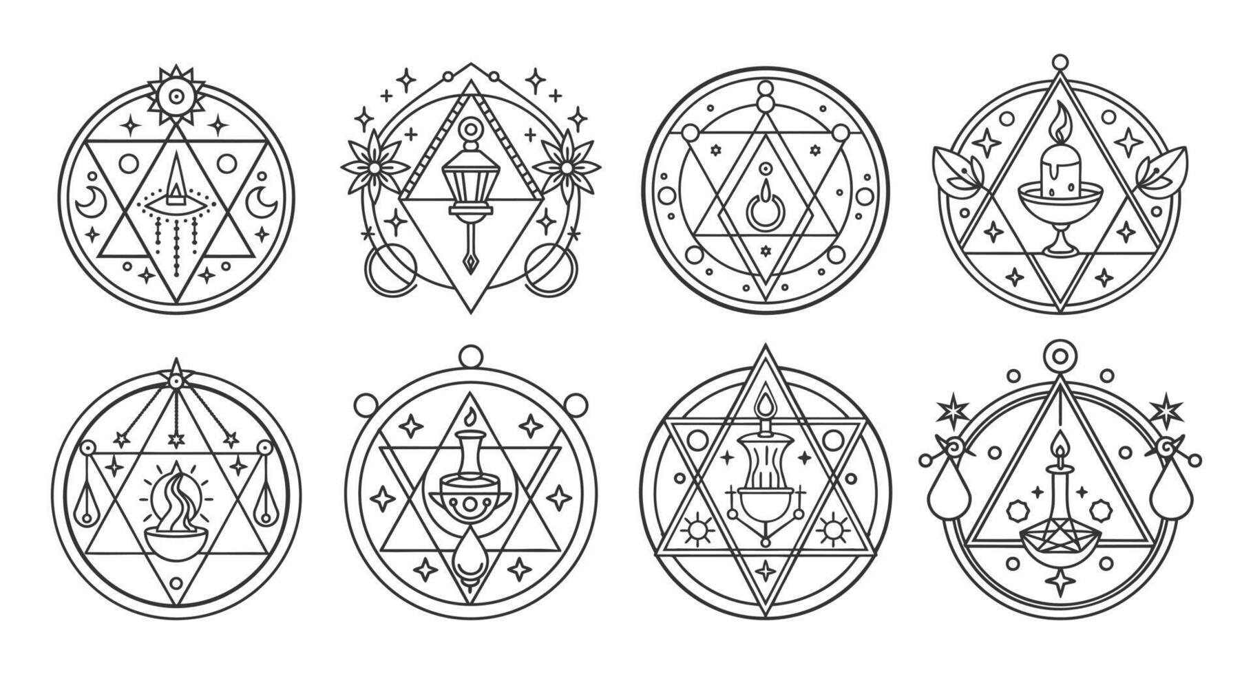 Set of mystical sacred geometric symbols. Linear alchemy, occultism, philosophical signs. vector