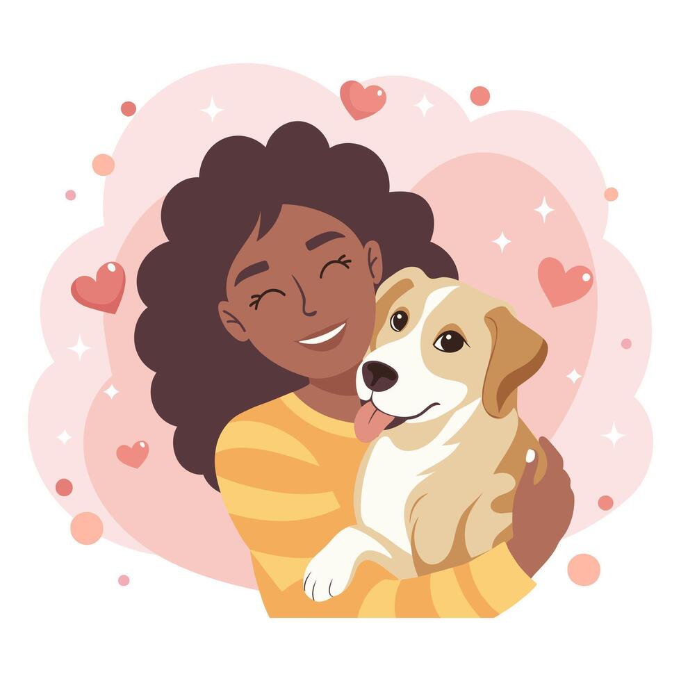 Cute young woman hugging dog. Pet owner. Dog lover. Flat style illustration vector