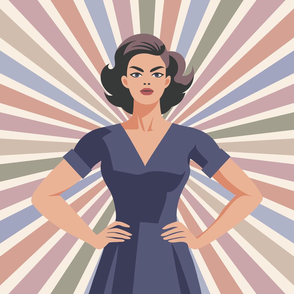 Confident woman on pastel sunburst background. Feminism and equality concept. Flat illustration in retro style vector