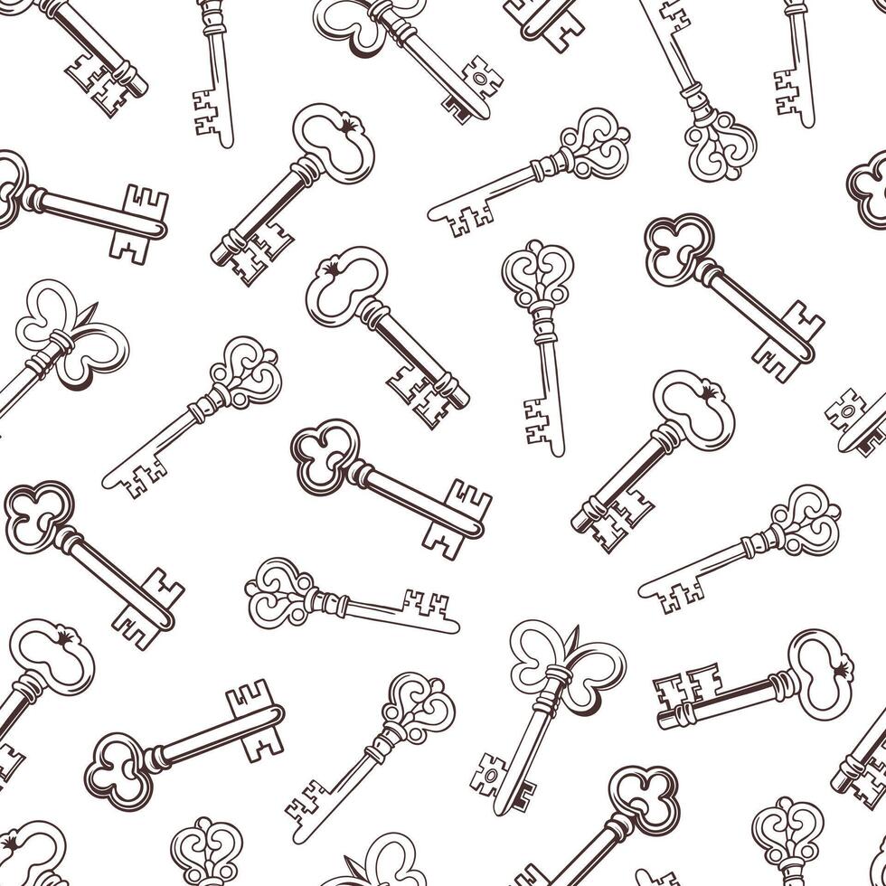 Seamless pattern with vintage keys. Retro background, black and white monochrome print. vector
