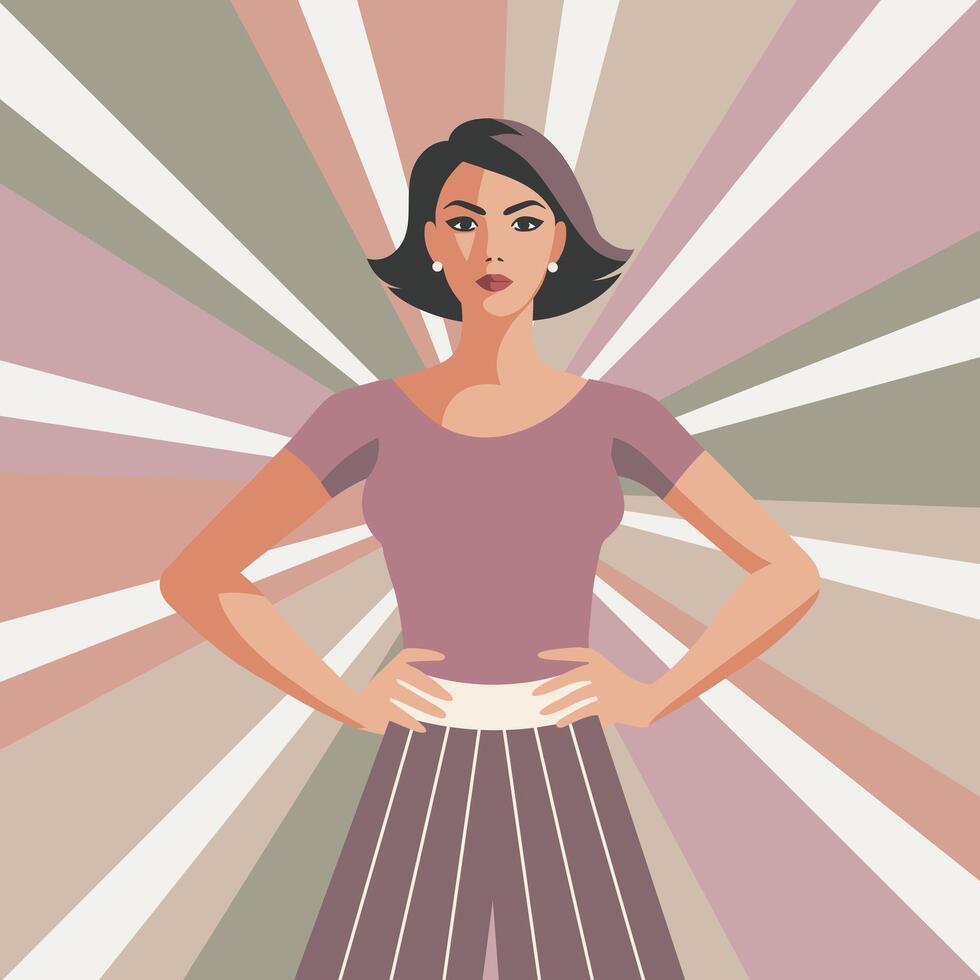 Confident woman on pastel sunburst background. Feminism and equality concept. Flat illustration in retro style. vector