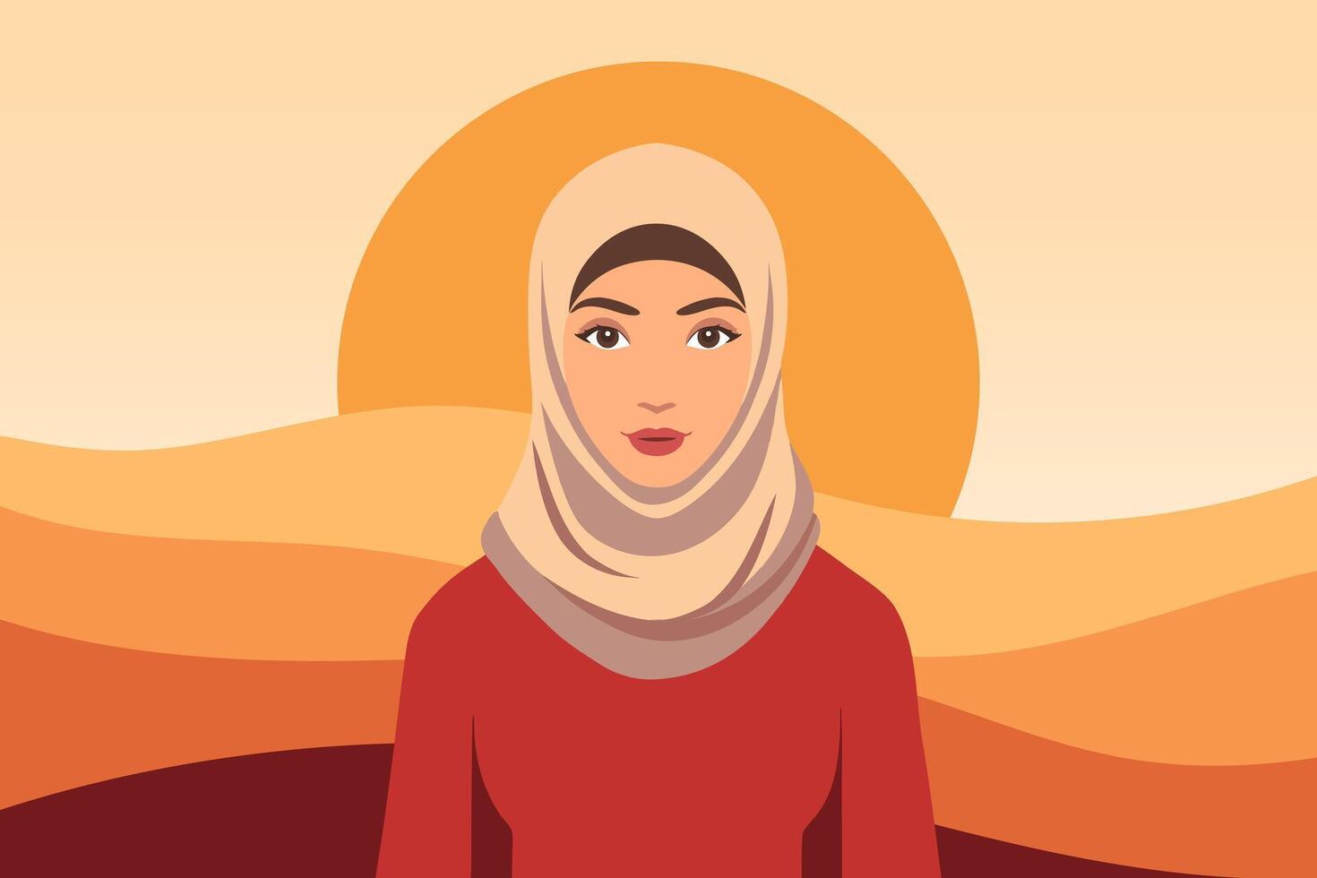 Young muslim woman in hijab at sunset in the desert. Flat style vector