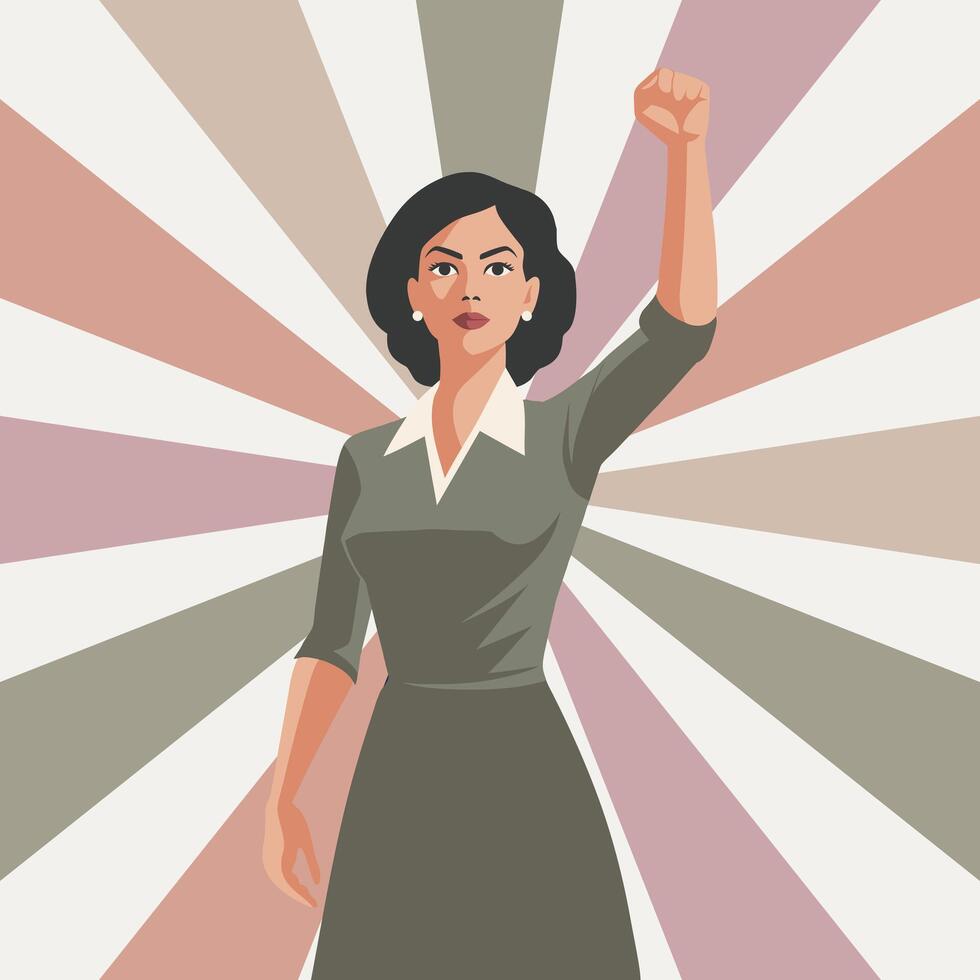 Empowered woman with raised fist on pastel sunburst background. Feminism and equality concept. Flat retro style illustration vector