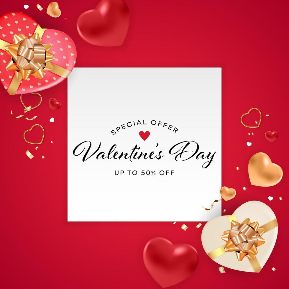 Valentine day banner with hearts and gift boxes on red background vector