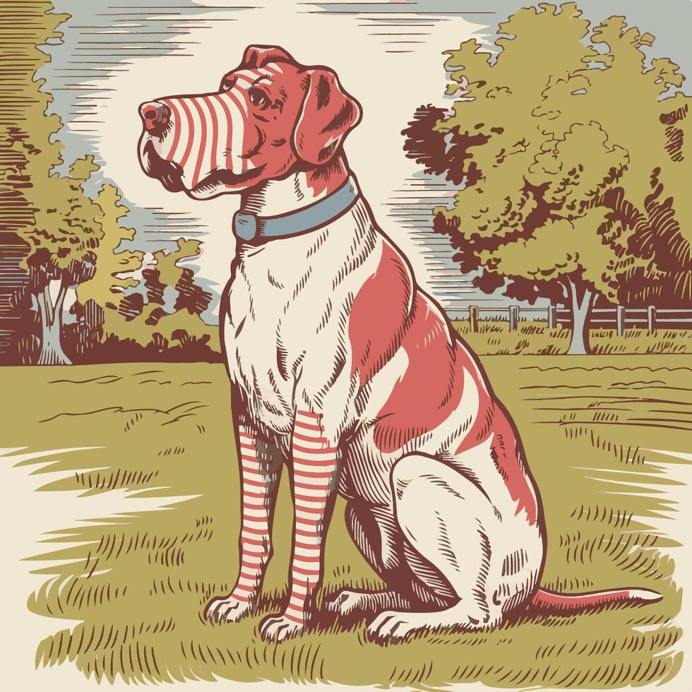 Vintage Illustration of a Dog with Striped Patterns in a Scenic Park vector