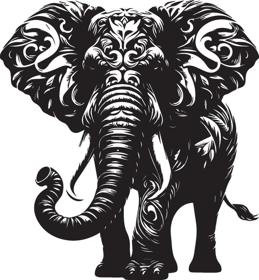 Intricate Black and White Elephant Illustration with Ornate Patterns vector