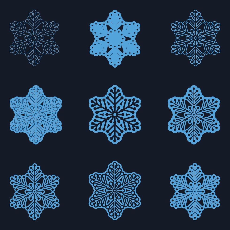Set of snowflakes. Collection of snowflake winter decoration. Isolated on Deep Blue background. Christmas icon set. Illustrator. vector