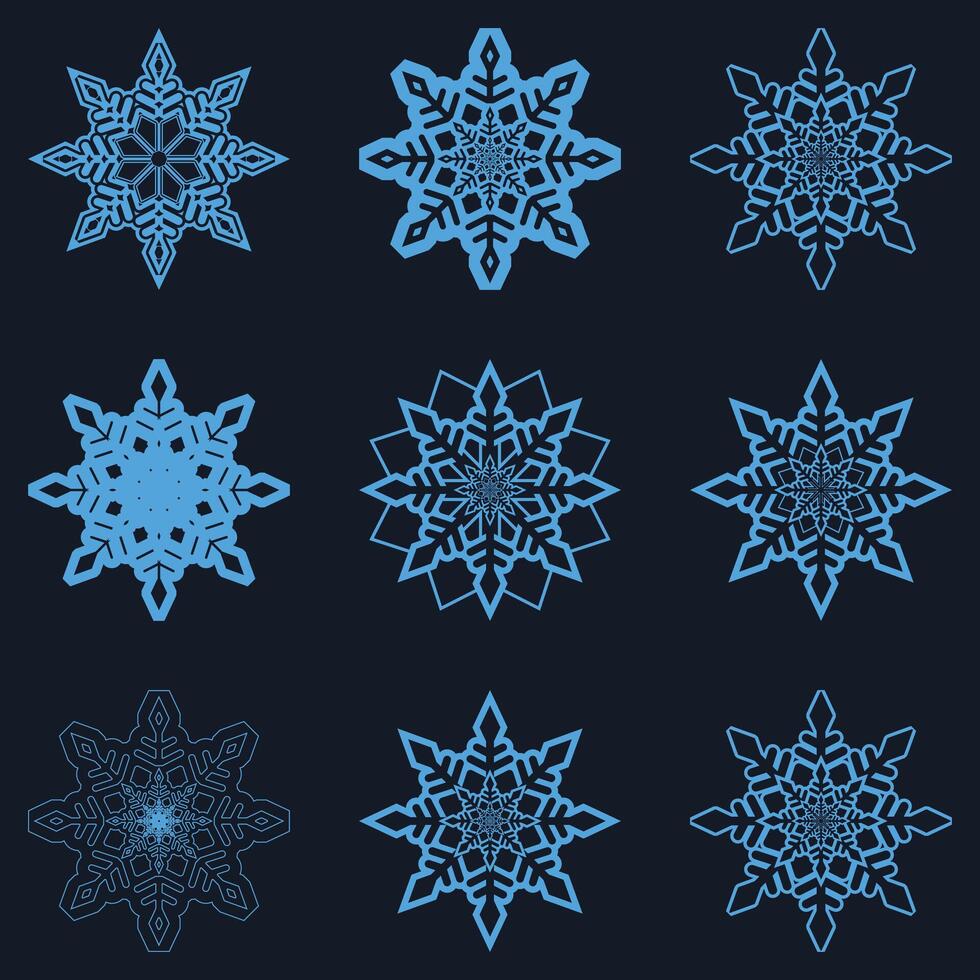 Set of different snowflakes isolated on Deep blue background. Macro photo of real snow crystals. Snowflake symbols. Snow icon. Christmas icon set. illustration vector