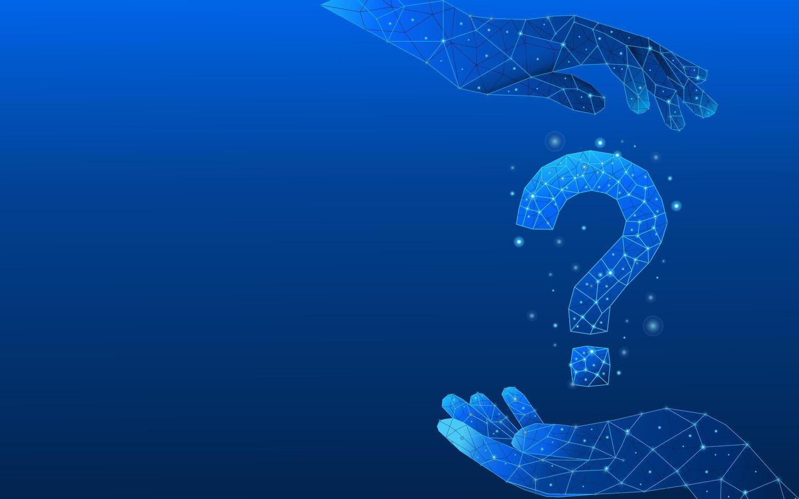 Digital hands holding electric blue abstract question mark. vector