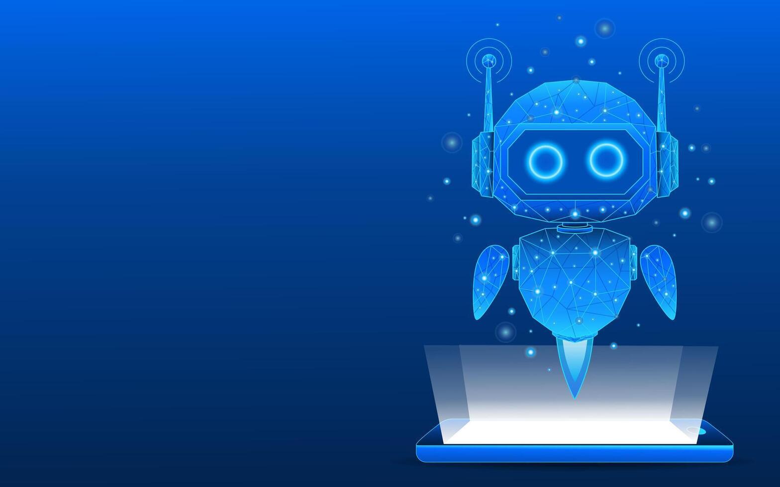 Abstract 3D digital AI robot floating over cellphone. vector