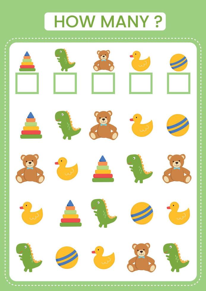 How many counting game with toys. Count all toys and write number into box. Worksheet for preschool kids. Printable worksheet. Illustration. vector